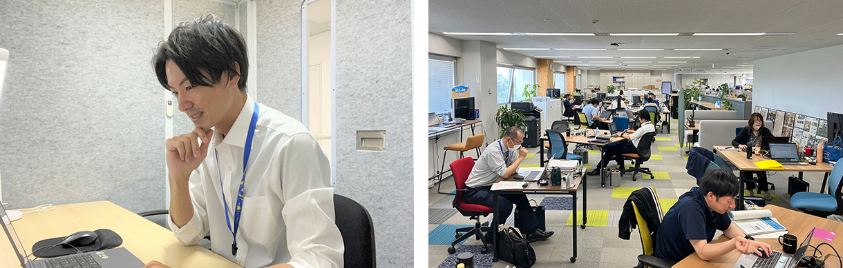 お話しいただいた藤田様（左）／ 実際に「せきなび」を利用しているモデルオフィス（右）